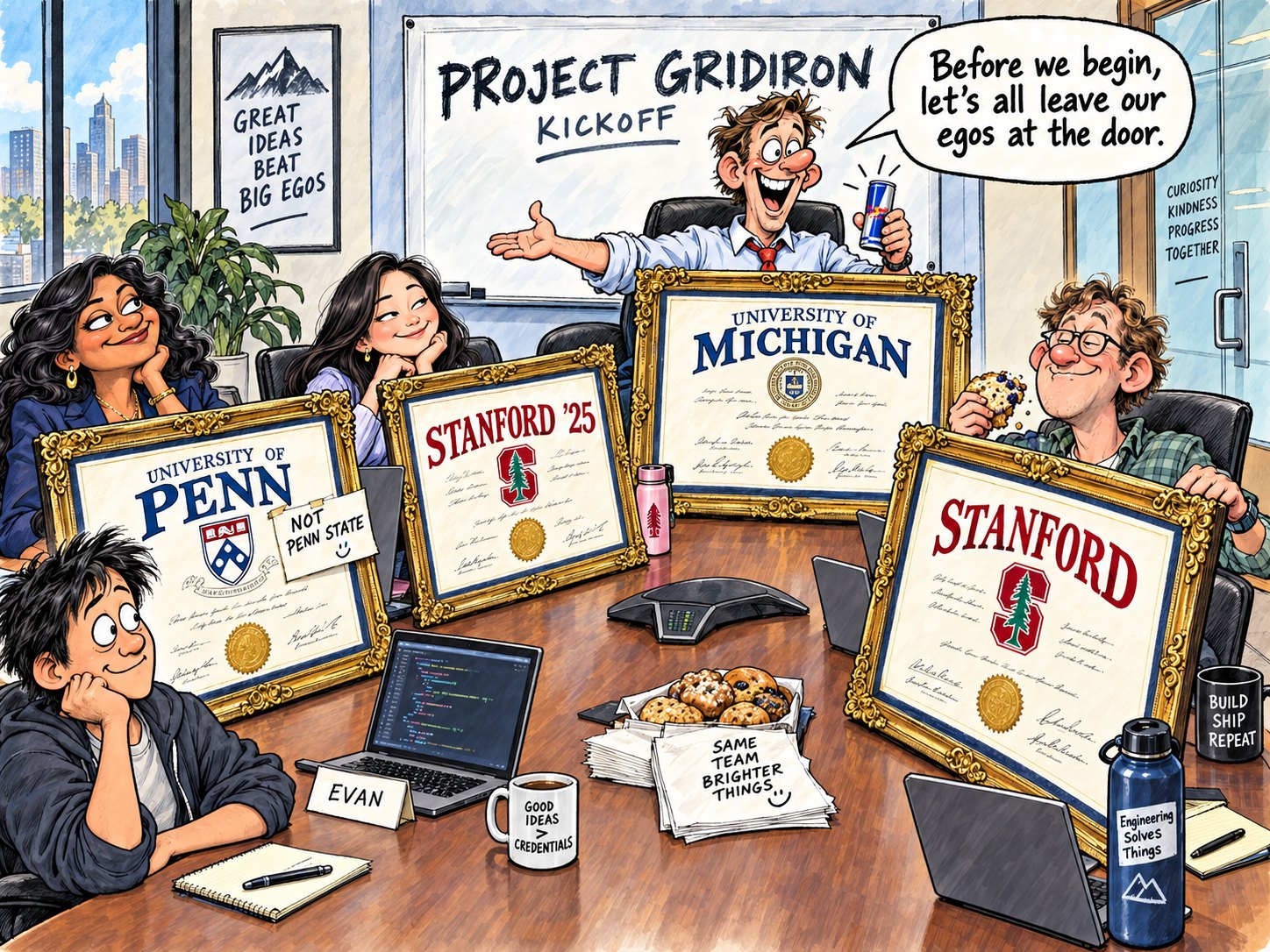 Cartoon of a tech kickoff meeting where every employee holds up a giant framed diploma while a manager says to leave egos at the door.
